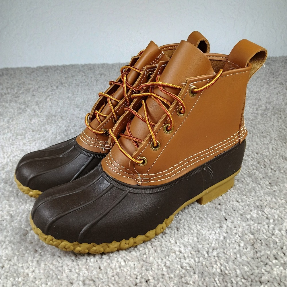 LL Bean Boots Tan Brown Leather Rubber Duck Boots Womens Size 6 USA